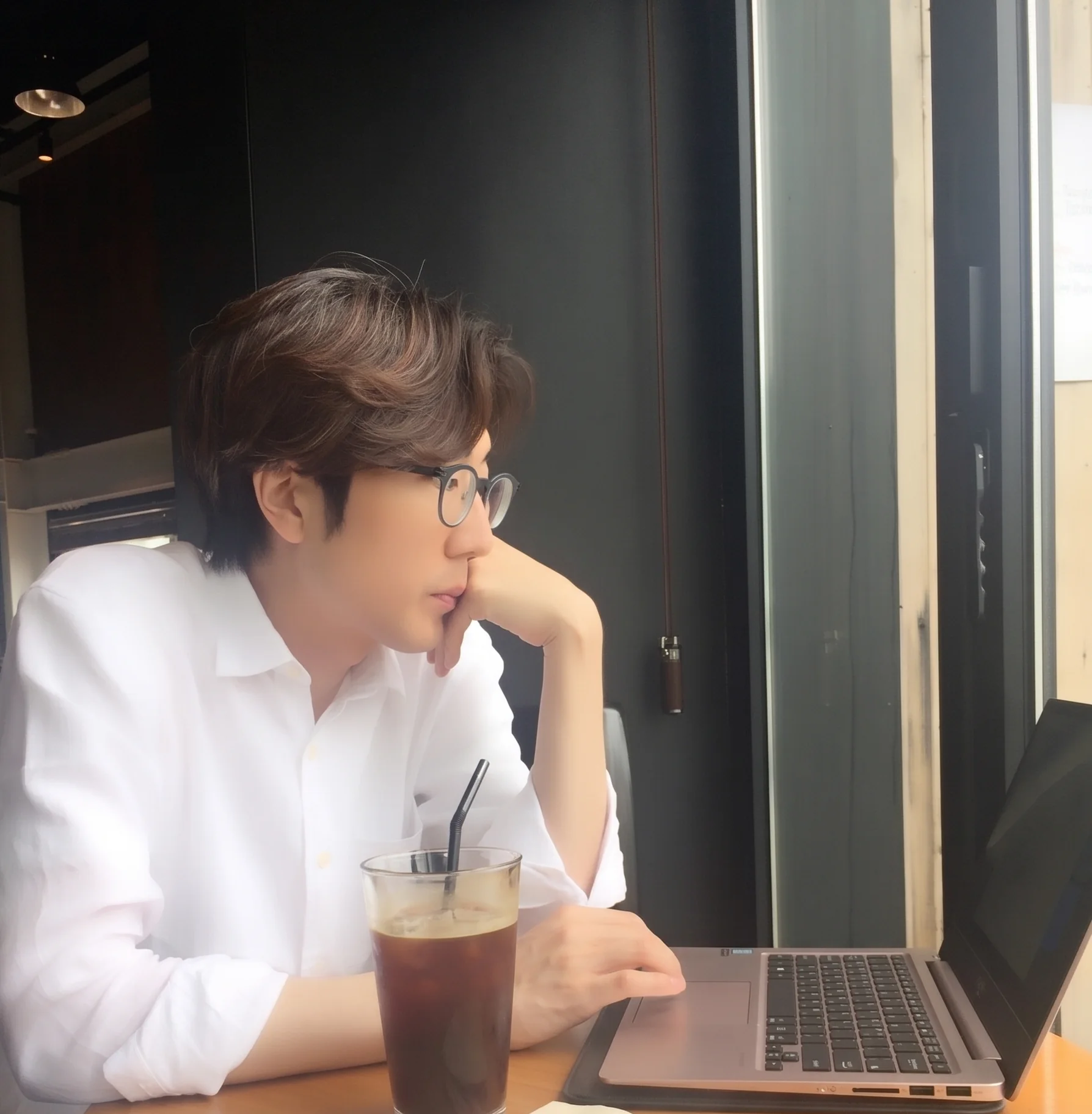 Kyeol reflecting on his work at a laptop in a café