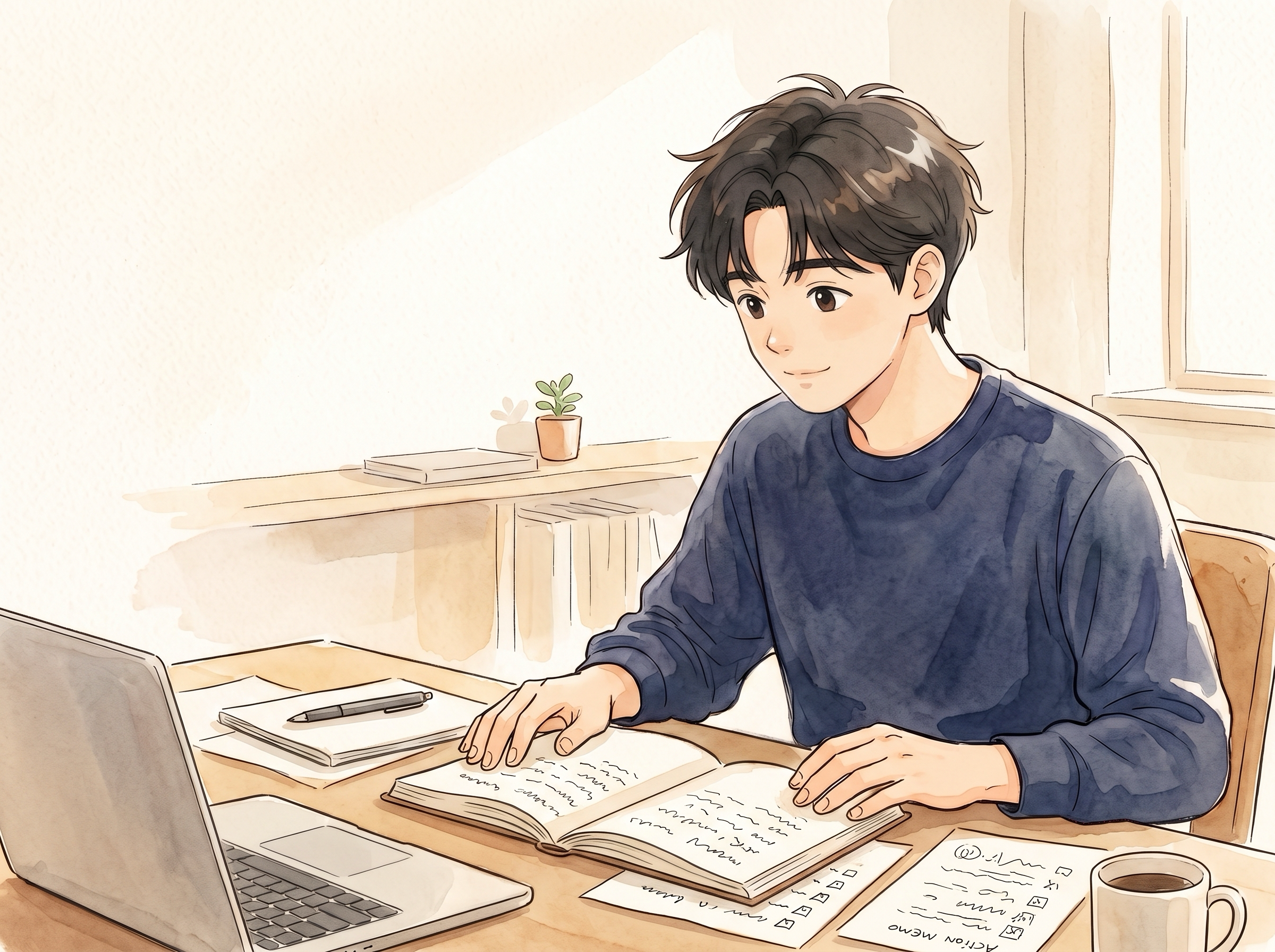 지난 작업 기록과 다음 할 일 목록을 비교하며 새 세션의 작업 흐름을 다시 정리하는 인물
