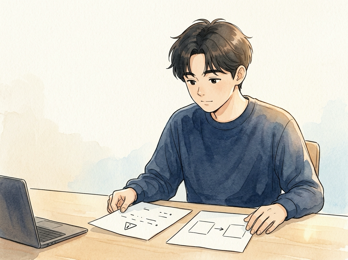 백엔드 오류 기록과 수정 계획을 나란히 놓고 확인하는 인물의 모습