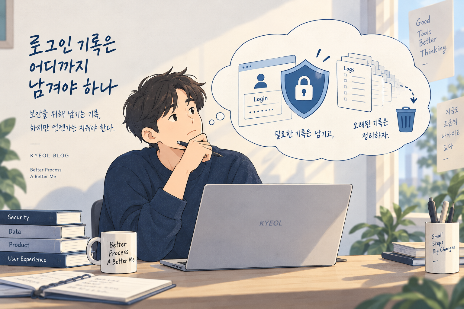 로그인 보안을 위한 기록과 오래된 기록의 삭제 범위를 고민하는 사람의 삽화