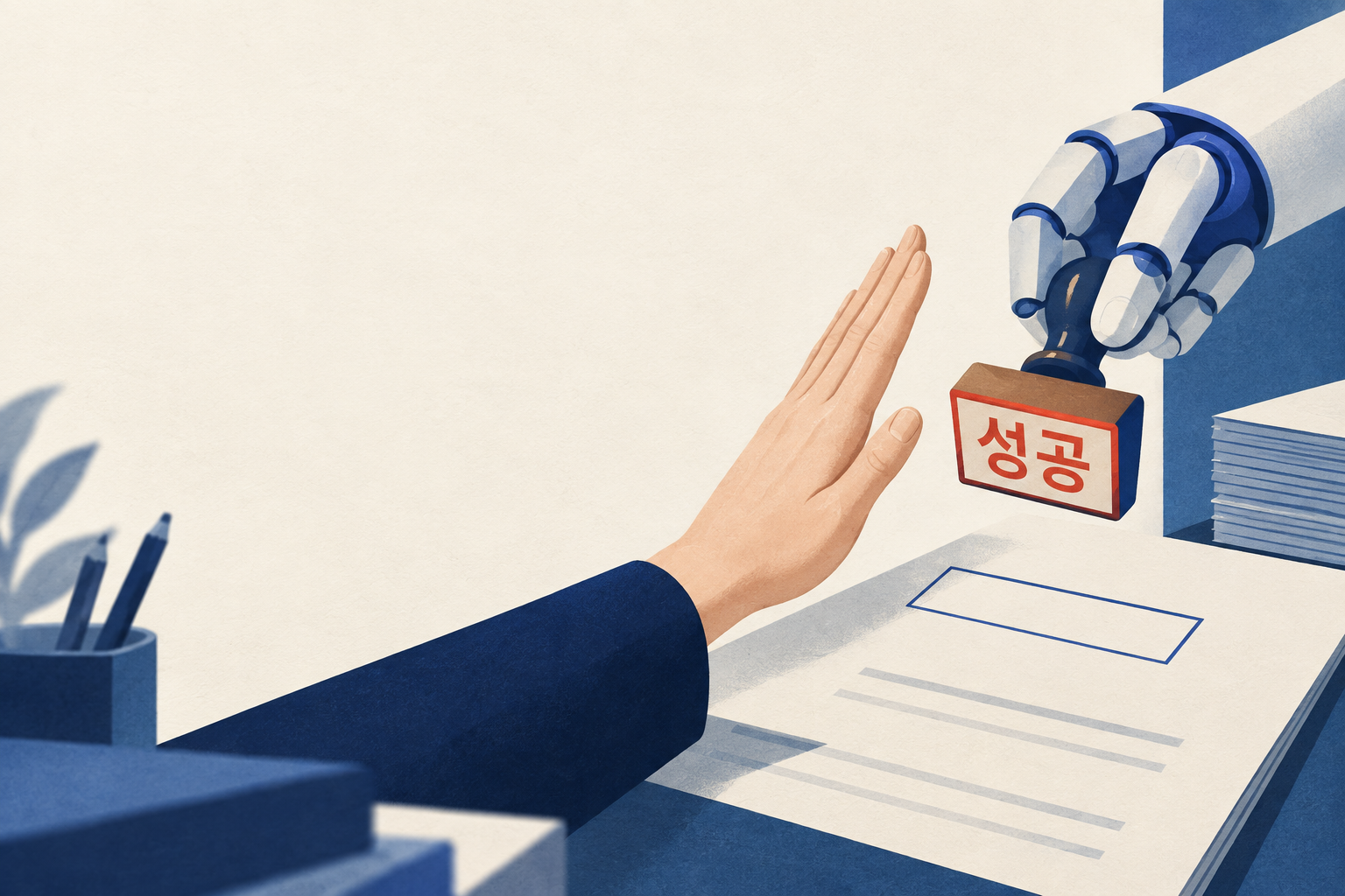 사람이 빈 결과 칸에 ‘성공’ 도장을 찍으려는 AI의 손을 멈추는 그림